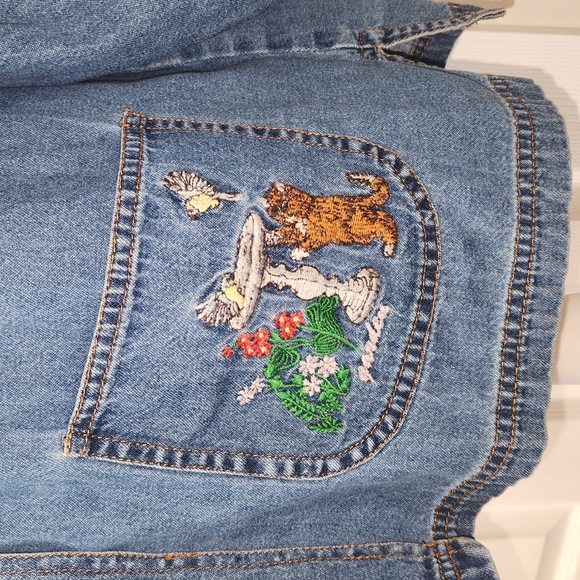 BLAIR WOMENS DENIM BUTTON DOWN SHIRT SIZE XL CAT EMBROIDERED - Picture 3 of 11